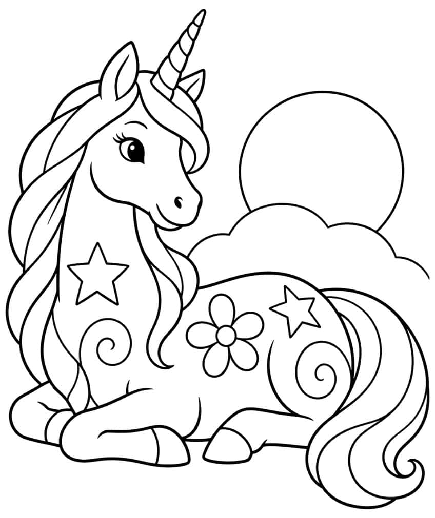 Lying unicorn with spiral horn, star and flower patterns, curly tail, sun and cloud behind