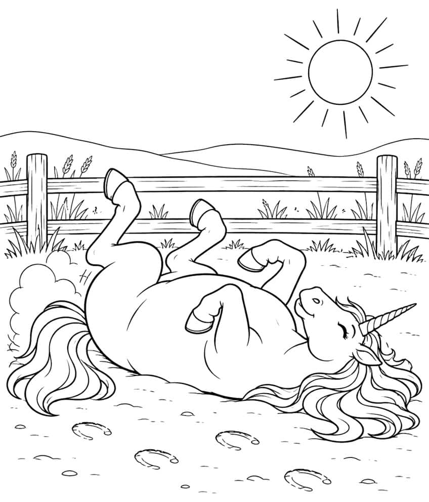 Unicorn rolling on its back in a paddock with fence, sun, hills, dust cloud and horseshoe prints