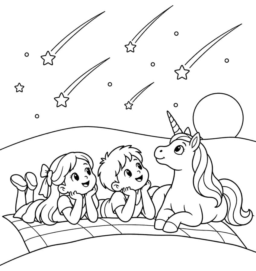 Girl, boy and unicorn lying on a checkered blanket watching shooting stars above dunes and a big moon