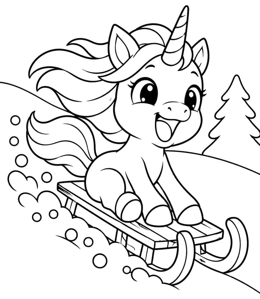 Baby unicorn with spiral horn riding a wooden sled down a snowy hill with snowballs and a fir tree
