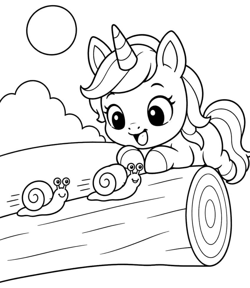 Baby unicorn lying on a log watching two smiling snails race, with a sun and cloud behind