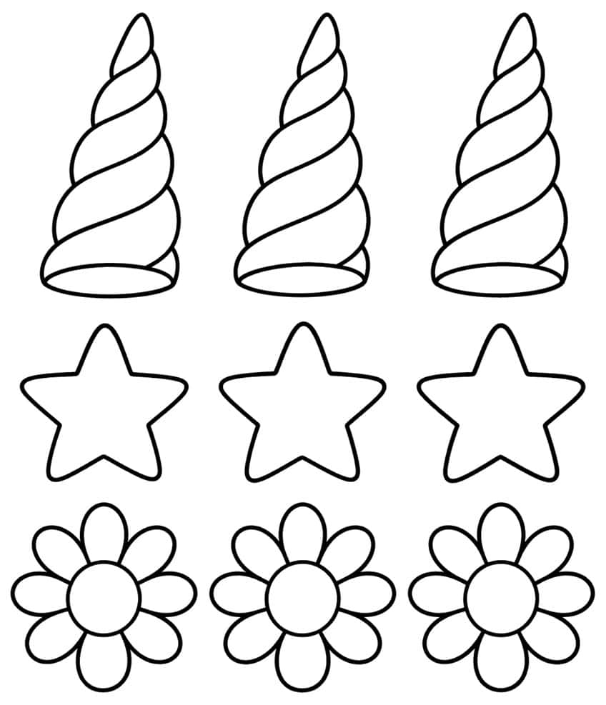 Three spiral unicorn horns, three stars and three eight-petal daisies in a grid