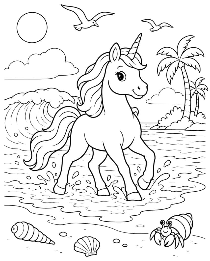 Unicorn splashing in shallow water with wave, palm trees, seagulls, hermit crab and shells