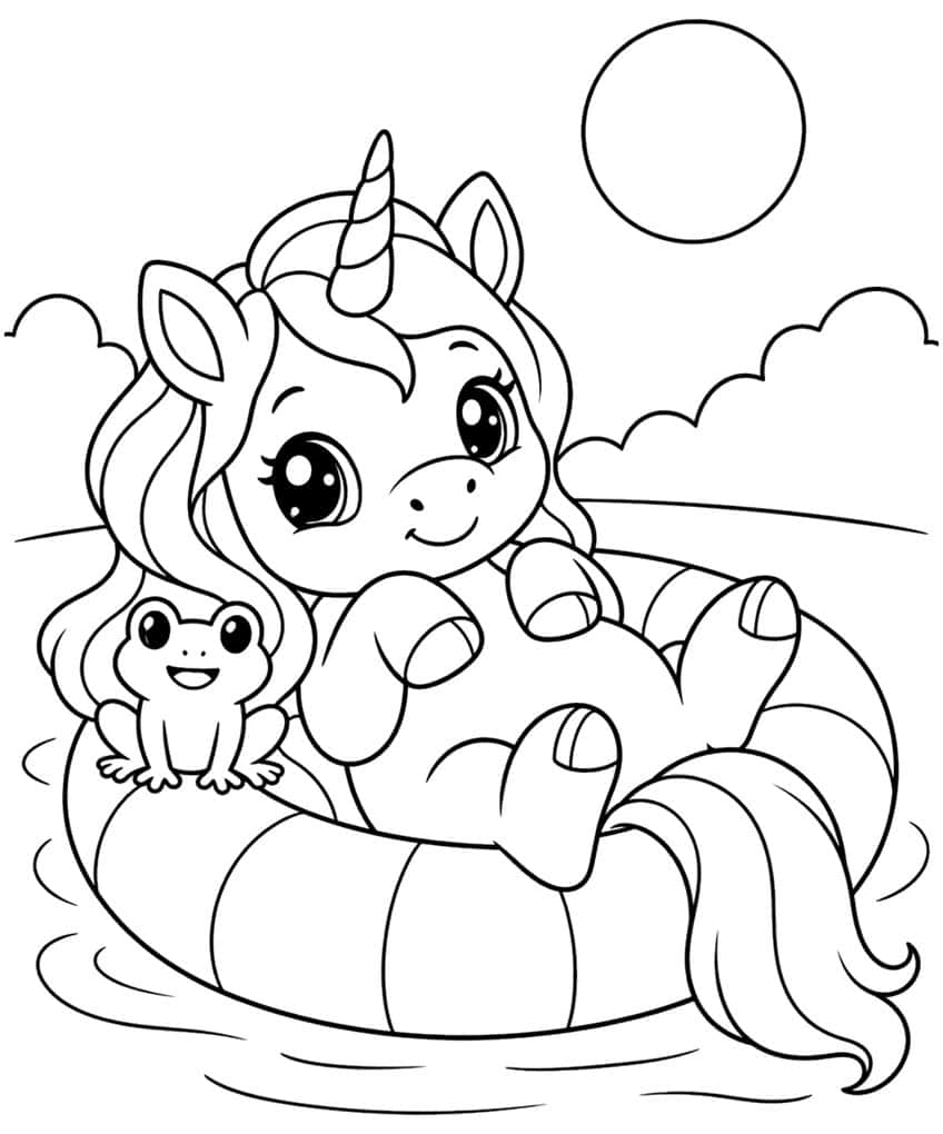 Baby unicorn in a striped swim ring with a smiling frog, sun, clouds and water ripples
