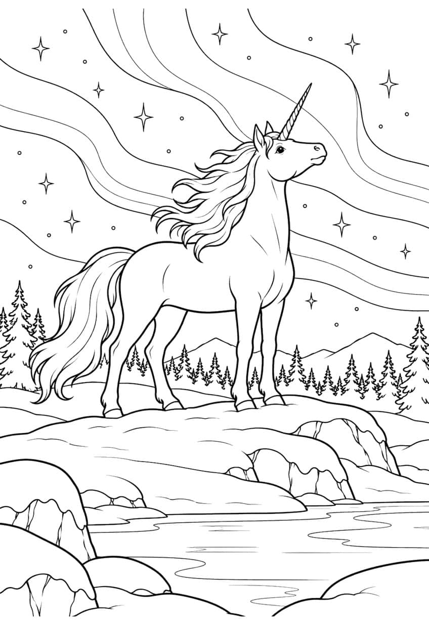 Unicorn on a snowy ledge under aurora bands, stars, fir trees, mountains and a stream