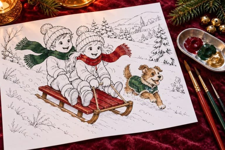 weihnachten ausmalbild teilweise mit Buntstiften ausgemalt